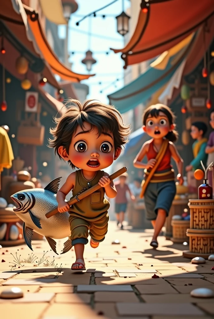cute baby running holding a big fish in the market followd by his angry mother with stick in a realistic setting