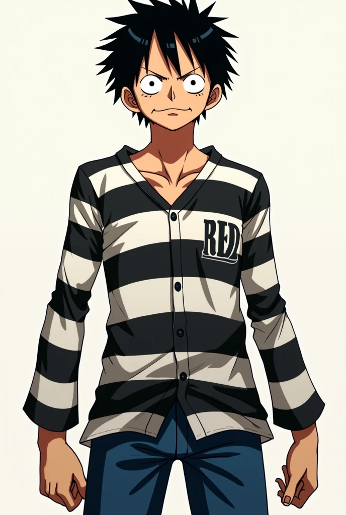 Monkey D. Luffy in prison uniform long sleeve black and white stripes front and back Original anime One Piece
