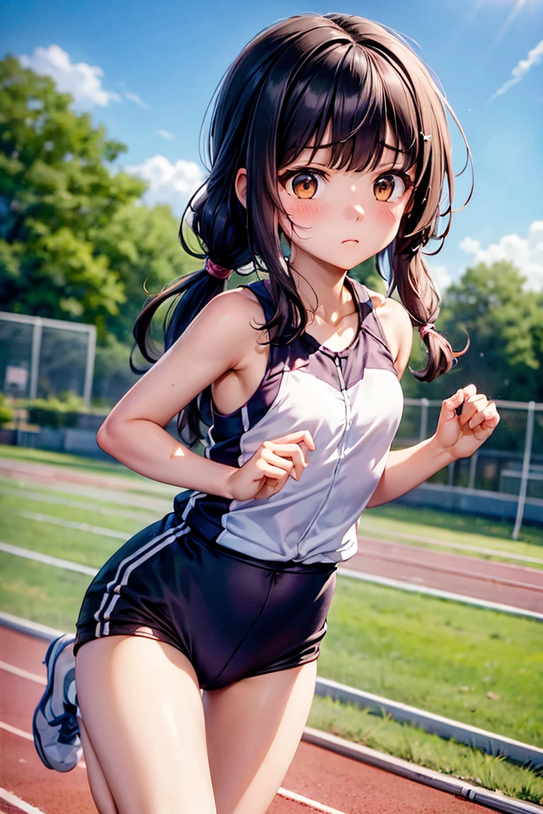 miyu edelfelt、One Woman、Black Hair、long hair、Small waist、Thin legs、blush、Troubled face、((Track and field uniforms))、Sleeveless clothing、Running slowly、Ground