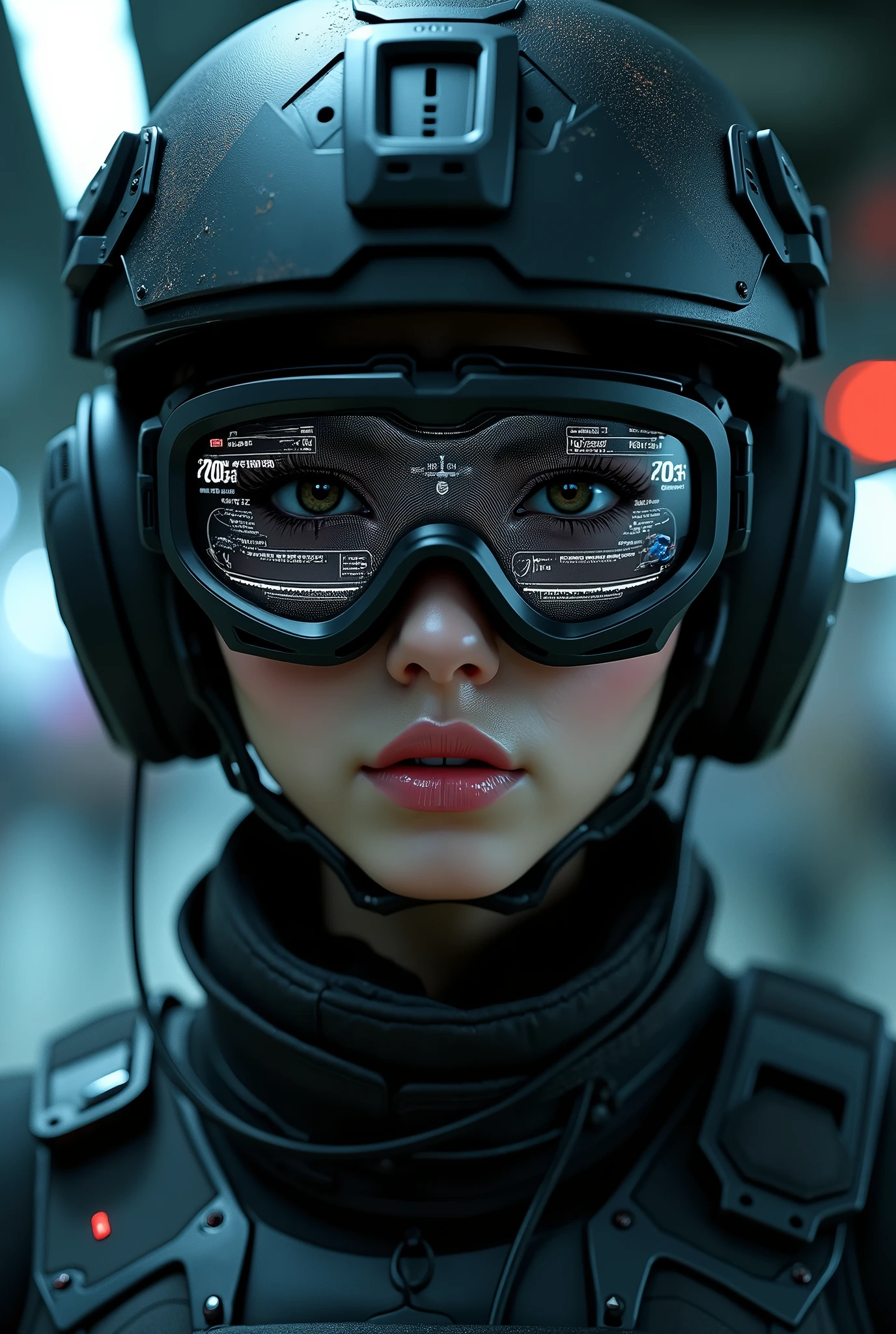 (masterpiece:1.2,Exceptional Quality,mirror-like,cinematic experience),8k,wallpaper,Ray Tracing,(woman),Are standing,(美しいwoman),(Wearing futuristic tactical goggles:2.0,Tactical data is displayed on the goggles:2.0,Detailed view of the goggles:2.0),(tactical bodysuit),(Tactical Helmet:2.0),(Tactical Headset),(Intercom Microphone),(A face with attention to detail,Detailed skin texture,Beautiful Skin),(Looking into the camera),(front),(Face close-up:2.0),(Server puncture:2.0),(darkness:2.0)