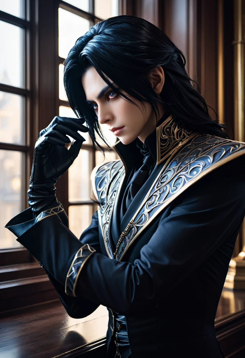 adult man, 35 years, adult, attractive, jet black shoulder length hair, dark magician, a sly, attentive look, mesmerizing eyes, To profile, puts on gloves, looking out the window, dissatisfied, frowning, stately, strong, dark aura, formal clothing of the 19th century, business, serious, in the office in the mansion, fantasy, European appearance, beautiful facial features, digital art, bright light, complex parts, Focus on the face, Exquisite, sharpness, depth, professional photo, cgi, diffuse reflection, full hd wallpaper, epic, 64k, f/16, 1/300s, s750, HDR, ultrahd, 50mm lens