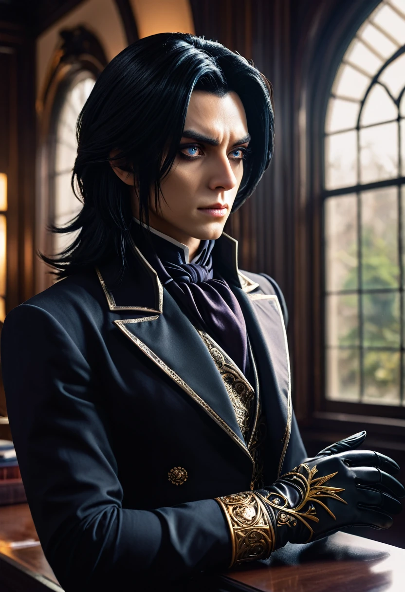adult man, 35 years, adult, attractive, jet black shoulder length hair, dark magician, a sly, attentive look, mesmerizing eyes, To profile, puts on gloves, looking out the window, dissatisfied, frowning, stately, strong, dark aura, formal clothing of the 19th century, business, serious, in the office in the mansion, fantasy, European appearance, beautiful facial features, digital art, bright light, complex parts, Focus on the face, Exquisite, sharpness, depth, professional photo, cgi, diffuse reflection, full hd wallpaper, epic, 64k, f/16, 1/300s, s750, HDR, ultrahd, 50mm lens