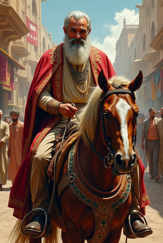 A smiling Persian king with a gray beard riding a horse, in front of the horse a white-bearded Persian official holding the horse, and in the background a Persian market.