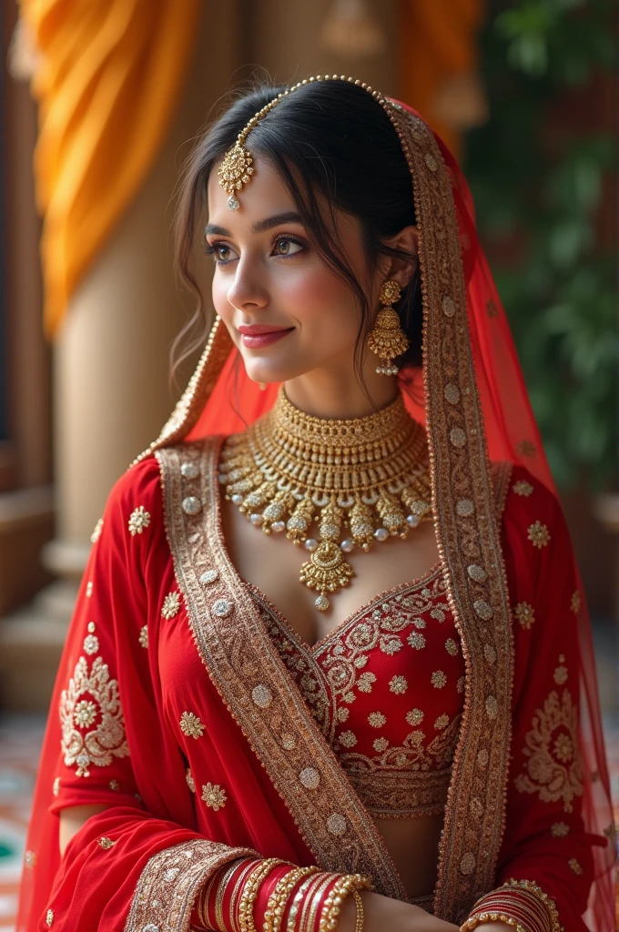 A beautiful woman wearing Indian wedding dress 