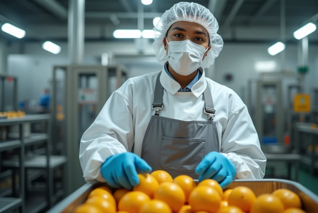 create a collaborator image(a) brazileiro(a) using gloves, mascaras, cap all hair must be covered as well as the ears, he must not have a beard or visible hair, he must wear an apron and be in a fruit processing agroindustry