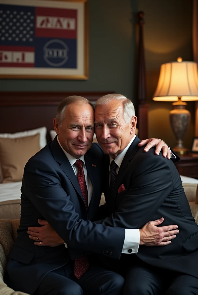 (photorealism:1.2), Putin and sitting in the bedroom, hugging and looking at the camera, NATO flag on the wall