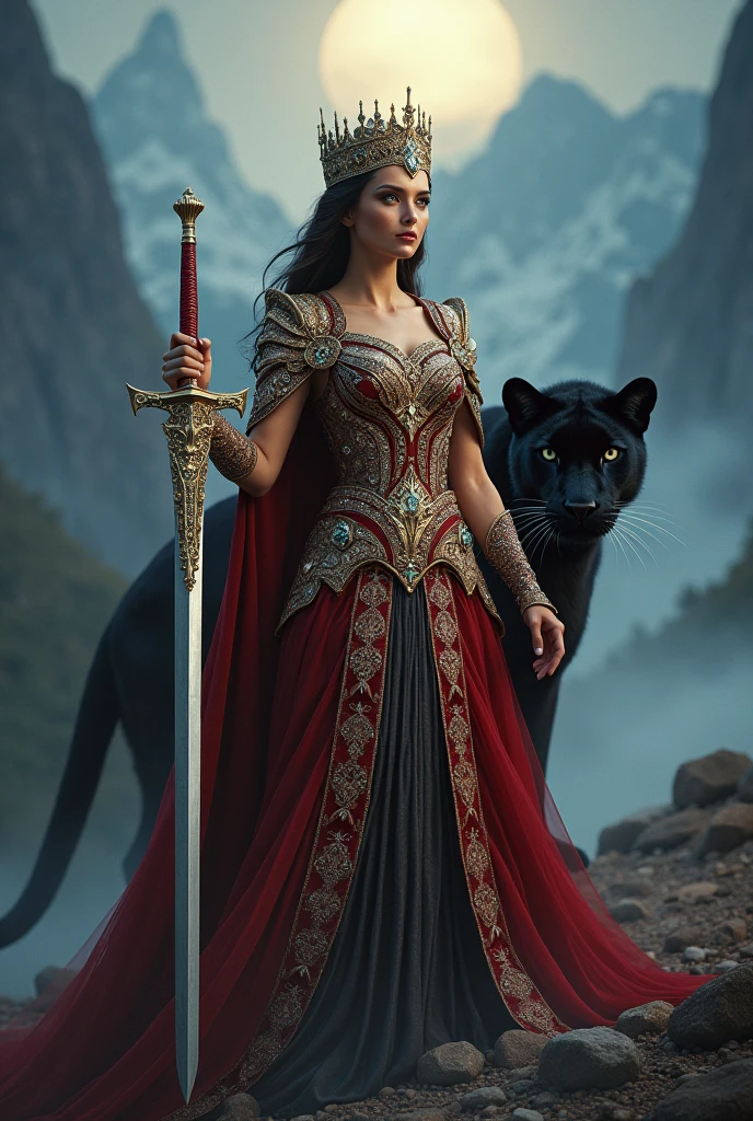 royal queen in royal coated dress and sword with shimmering sparkle eyes with black panther background with black mountaims fog with moon