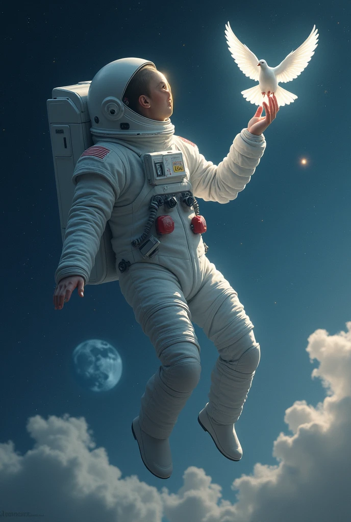 Am astronaut floating in space, he has stretched one of his hand to reach out a small white dove, there are stars behind the astronaut in the background like small white dots . There's also space clouds behind the astronaut. And there's the moon beneath him. The astronauts legs and hands are not closed to his body , he is open , he is free, he is floating , he's in peace.(While creating the image ,no need to show the astronauts face , his body must be covered with suite as he is in space , I have described about the astronaut seeing illusions)