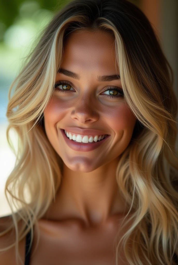 (one-1-person:1.2), beautiful blonde lady, great smile, dark make-up, hyperdetailed photograph, smooth light, Portrait of head and shoulders, brazileira, brazil, naturals, cover