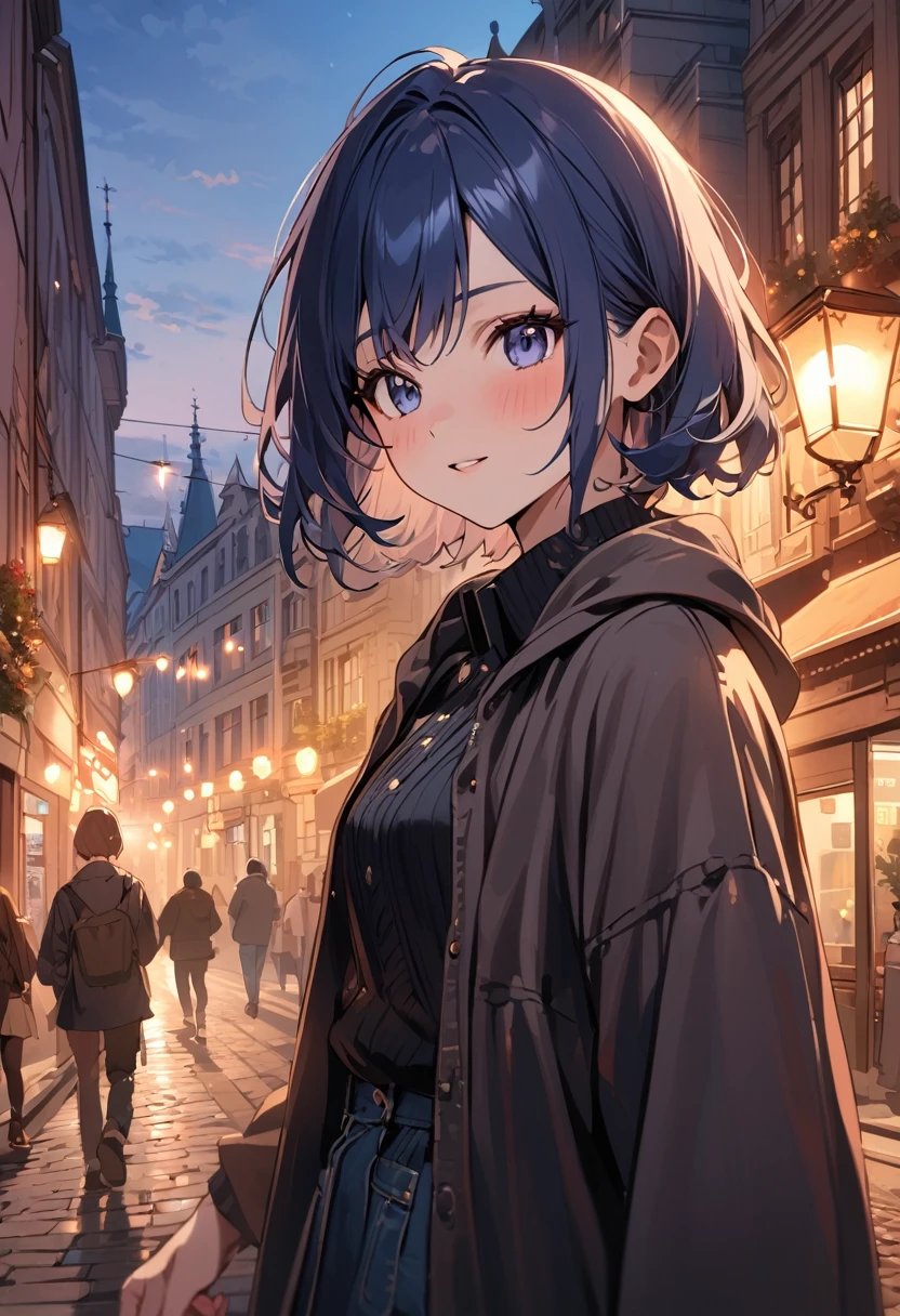 (masterpiece, best quality),sightseeing,a cute girl walking down street with a tree, budapest street background, streets of heidelberg, at dusk, streetscape, outdoors european,  photograph, detailed, BREAK (girl,16yo,detailed face,(darkblue hair, wavy-short hair),eyebrows,middle small breasts),look away,joy,