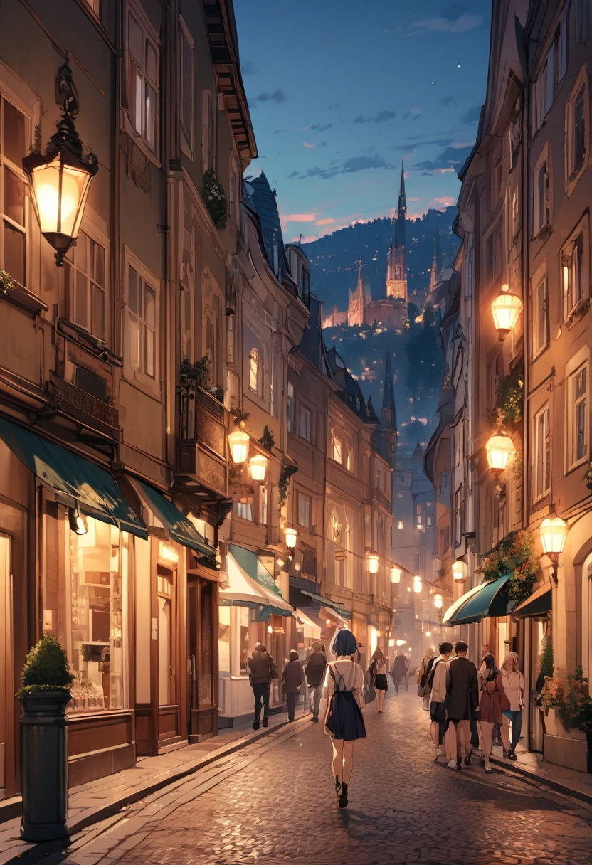 (masterpiece, best quality),sightseeing,a cute girl walking down street with a tree, budapest street background, streets of heidelberg, at dusk, streetscape, outdoors european,  photograph, detailed, BREAK (girl,16yo,detailed face,(darkblue hair, wavy-short hair),eyebrows,middle small breasts),look away,joy,