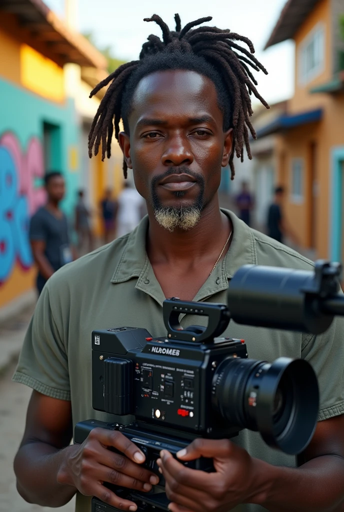 Create a hyper-realistic image of a black man with dreadlocks on top of his head and a blonde goatee, holding a movie camera. It must be in a vibrant and authentic setting of a film set in the outskirts of Salvador..
Man Details:
Face and Hair: The man must have realistic black skin with a natural glow. Your dreads should be very detailed and have visible textures., showing the naturalness and care of hair. The blond goatee should have a striking contrast, with shades of blonde that highlight the color in relation to the skin and hair.
Camera: Ele deve estar holding a movie camera moderna com detalhes precisos, as buttons, lenses and metallic textures. The camera should look robust and professional., with a realistic design that stands out in the image.
badass clothing: Dress him in casual, comfortable clothes, like a t-shirt or a loose shirt, that reflect the style and environment of the film set. Include details like a jacket or equipment vest, if appropriate.
Setting and Context:
Location: The setting must be a film set in the outskirts of Salvador, capturing the essence of the urban environment. Show a vibrant street with typical features, like colorful graffiti, simple buildings, and an authentic atmosphere.
Filming Environment: Include typical elements of a film set, like studio lights, cables, and equipment in the background. There may also be a group of people working on the set., additional cameras, and other filming accessories, to create a dynamic and realistic environment.
Lighting e colors:
Lighting: Use lighting that simulates natural light, with a touch of studio lighting to highlight the man and the camera. The lighting should highlight the blond goatee and create an effective contrast with the skin and dreads..
colors: The background should have vibrant and authentic colors, reflecting the vitality of the outskirts of Salvador. colors como amarelos, reds and greens of graffiti and buildings
