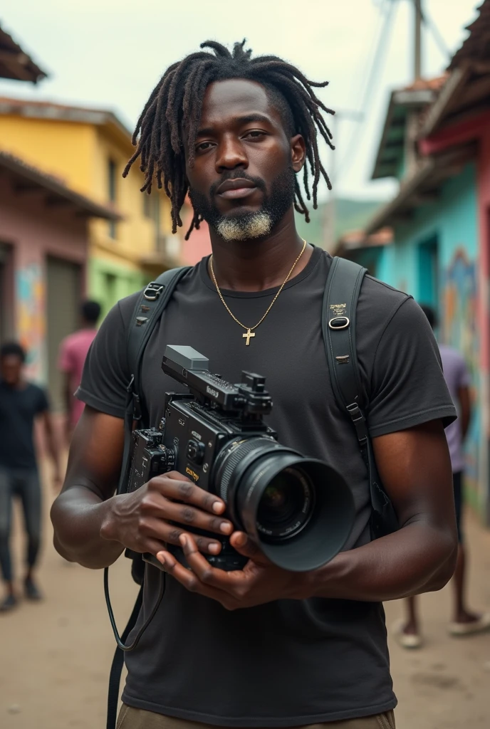 Create a hyper-realistic image of a black man with dreadlocks on top of his head and a blonde goatee, holding a movie camera. It must be in a vibrant and authentic setting of a film set in the outskirts of Salvador..

Man Details:

Face and Hair: The man must have realistic black skin with a natural glow. Your dreads should be very detailed and have visible textures., showing the naturalness and care of hair. The blond goatee should have a striking contrast, with shades of blonde that highlight the color in relation to the skin and hair.
Camera: Ele deve estar holding a movie camera moderna com detalhes precisos, as buttons, lenses and metallic textures. The camera should look robust and professional., with a realistic design that stands out in the image.
badass clothing: Dress him in casual, comfortable clothes, like a t-shirt or a loose shirt, that reflect the style and environment of the film set. Include details like a jacket or equipment vest, if appropriate.
Setting and Context:

Location: The setting must be a film set in the outskirts of Salvador, capturing the essence of the urban environment. Show a vibrant street with typical features, like colorful graffiti, simple buildings, and an authentic atmosphere.
Filming Environment: Include typical elements of a film set, like studio lights, cables, and equipment in the background. There may also be a group of people working on the set., additional cameras, and other filming accessories, to create a dynamic and realistic environment.
Lighting e colors:

Lighting: Use lighting that simulates natural light, with a touch of studio lighting to highlight the man and the camera. The lighting should highlight the blond goatee and create an effective contrast with the skin and dreads..
colors: The background should have vibrant and authentic colors, reflecting the vitality of the outskirts of Salvador. colors como amarelos, reds and greens of graffiti and buildings