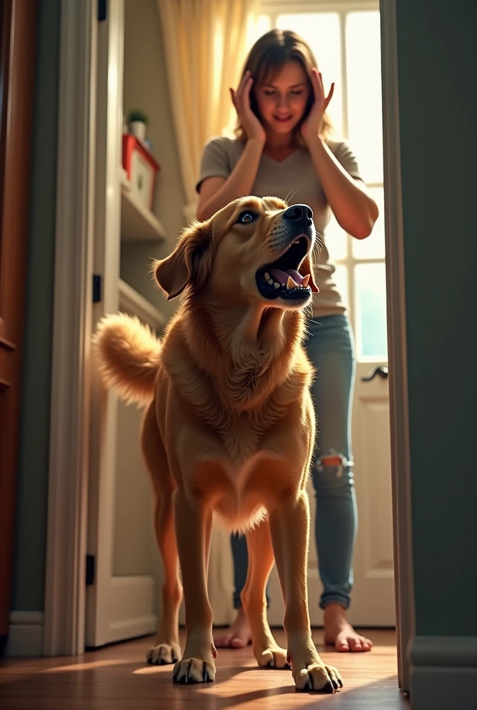 A dog barking very anxiously when receiving visitors at home. His female guardian with both hands on her head.