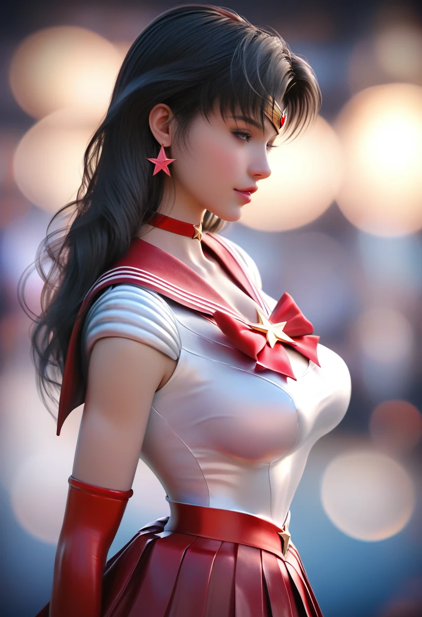 score_9, score_8_superior, score_7_superior, Profile picture, Realistic skin texture, Detailed Images, close-superior, 32k resolution, Cleavage, Breast compression, (Very soft breasts), Saggy breasts, skirt, shirt, Black Hair, gloves, bow, jewelry, pleated skirt, Earrings, No sleeve, choker, elbow gloves, bowtie, Sailor collar, star (symbol), Blurred, red bow, lips, Blurred background, red skirt, Magical girl, tiara, Circlet, Realistic, star Earrings, Sailor Warrior Uniform, red Sailor collar, King Anthem, Sailor Mars,Meticulous attention to detail,PEAnimeBG,starlight