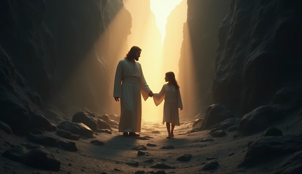 Jesus walking with a person through a dark valley, illuminating the path ahead.