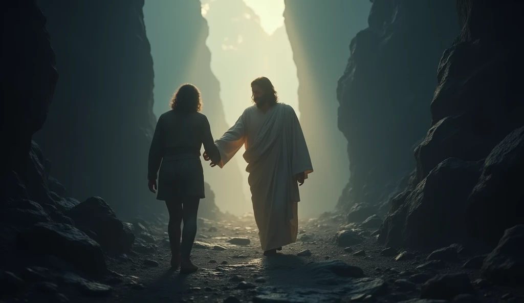 Jesus walking with a person through a dark valley, illuminating the path ahead.