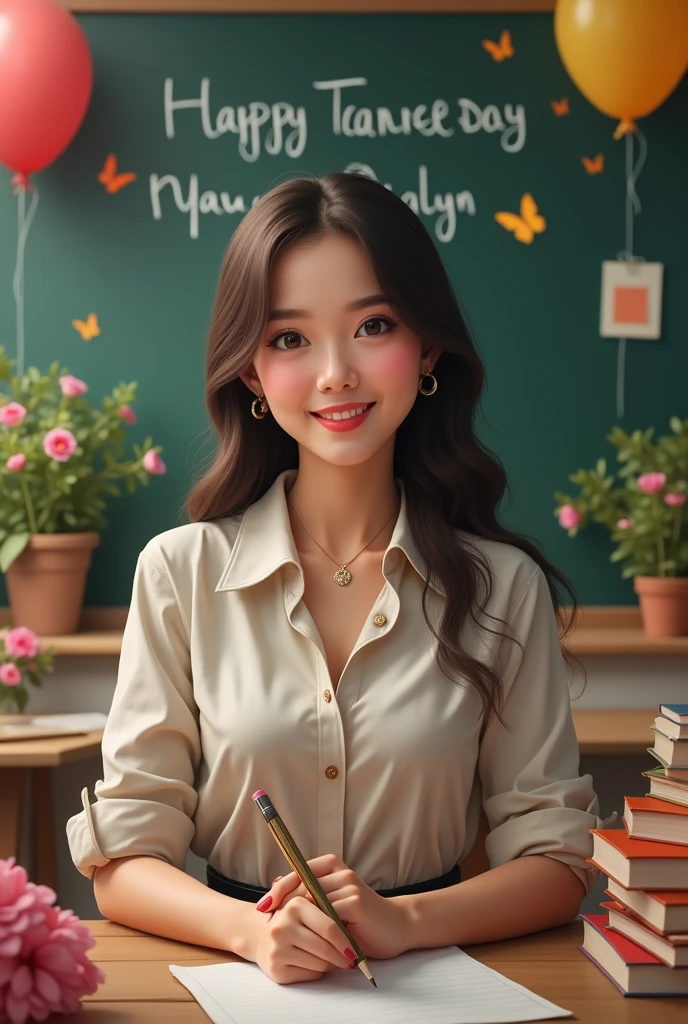Realistic one pinay women beautiful with vteache outfit with books with name wall blackboard "happy teachers day ma'am nalyn"with flowers baloons butterflies