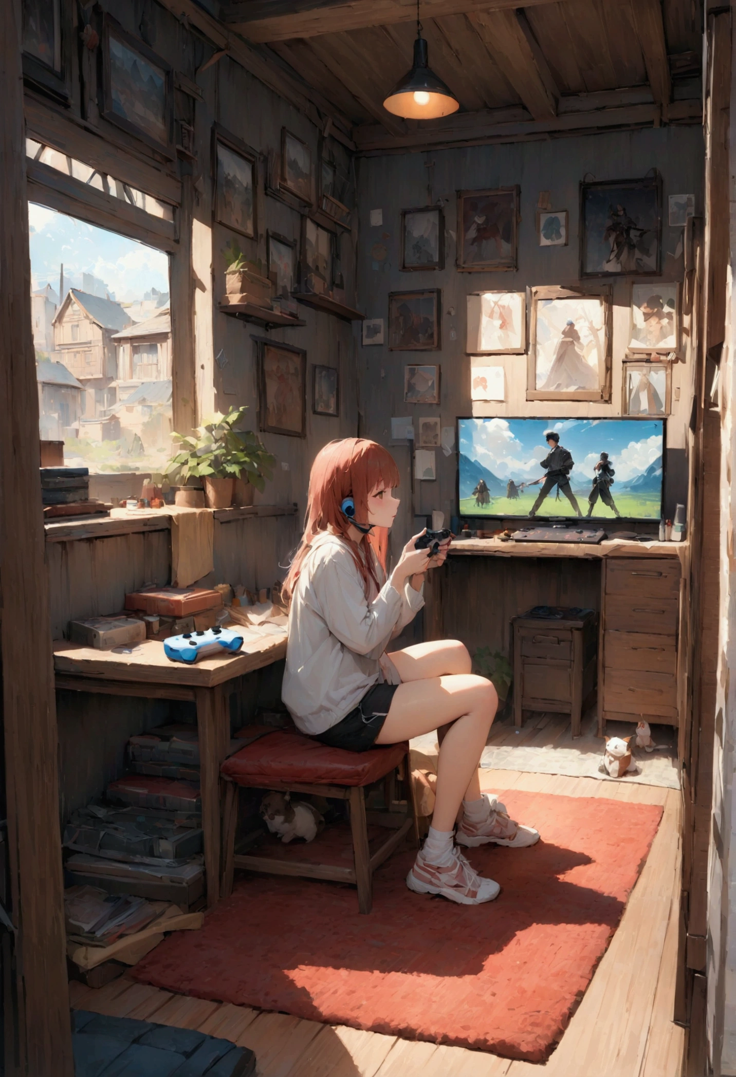 (masterpiece:1.3),(最high quality:1.4),(Very detailedな:1.5),High resolution,Very detailed,8k,artwork,High level of detail,rendering,high quality,Wide range of colors, （One person）,Live Room，Inside the room，Sitting on the floor，bed，((While playing video games、Press and hold the game controller)), shoes，shoes下，carpet，Short pants，Naughty look，Poster，baseball用バット，baseball，music，cdx,paper towel，earphone，Cinematic light，Detailed Background，最high quality，8k，Wide Wide Shot，Depth of written boundary，High detail，masterpiece