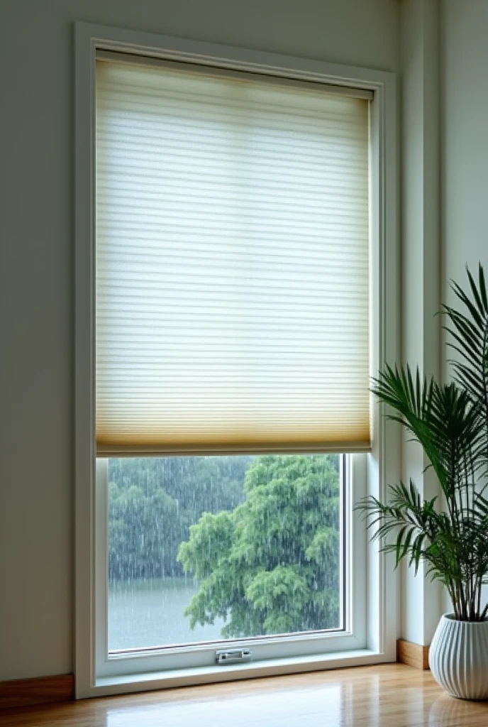 Generate an image of a monsoon blind in the Roman fold style. The blind should feature horizontal pleats that fold neatly when raised, made of water-resistant fabric to handle monsoon weather. The design should be simple and elegant, with subtle Roman-inspired patterns, and the scene should depict the blind partially lowered, with rain visible outside the material is PVC Plastic and it's transparent so the background are visible.