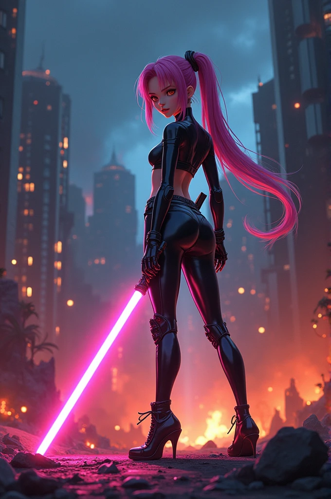 an anime girl stands with a lightsaber in her hand against the background of a burning city wearing a latex suit
