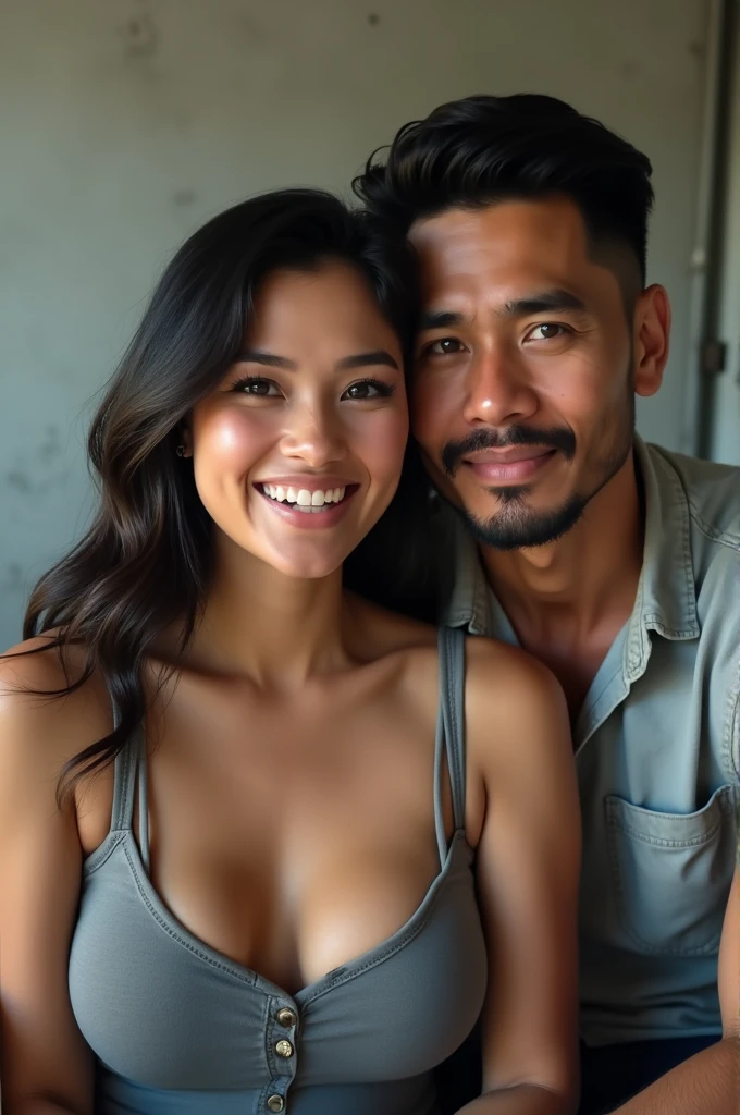 generate a filipina woman (big boobs wearing sleeveless grey top) and a filipino man (with beard, kind of dirty due to grease, wearing a shirt) on a videocall. take note: they're on video call
