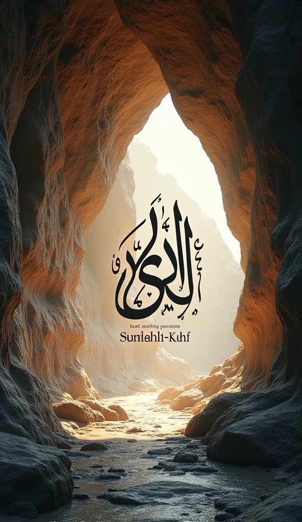 "A serene, spiritual scene depicting the interior of a cave illuminated by soft natural light. The environment is peaceful, with rocky walls and a pathway leading out of the cave. In the center, Arabic calligraphy beautifully displays 'Surah Al-Kahf,' with an accompanying text that reads 'Heart Soothing Recitation.' The atmosphere is tranquil, invoking a sense of calm and reflection."