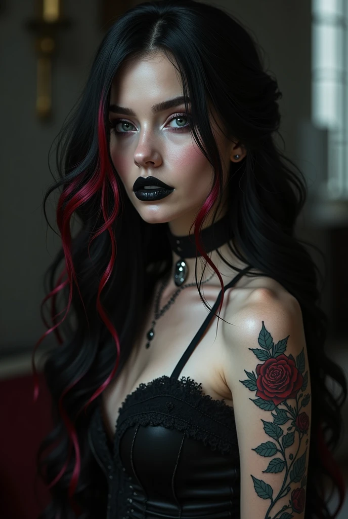 black haired gothic woman with red highlights, silver eyes and black lipstick with rose tattoo on arms