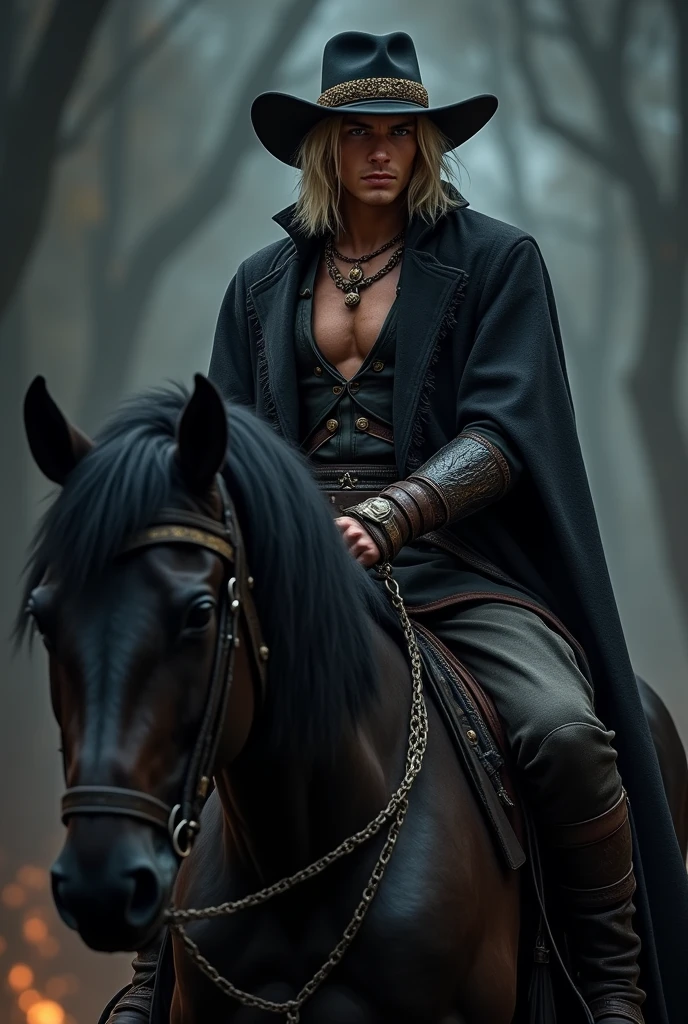 Young man with light blue eyes, pale blond hair and a hairy and vigorous body on a black horse and dressed as a bandit and a wide black hat with gold touches