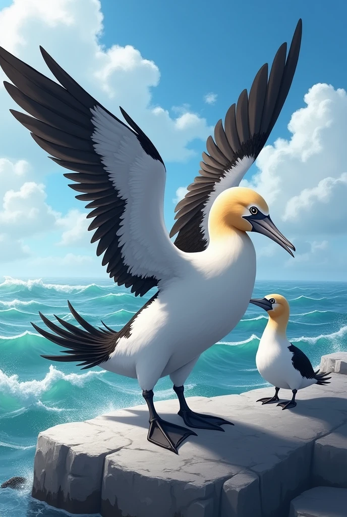 Dancing gannet with a female gannet in the background