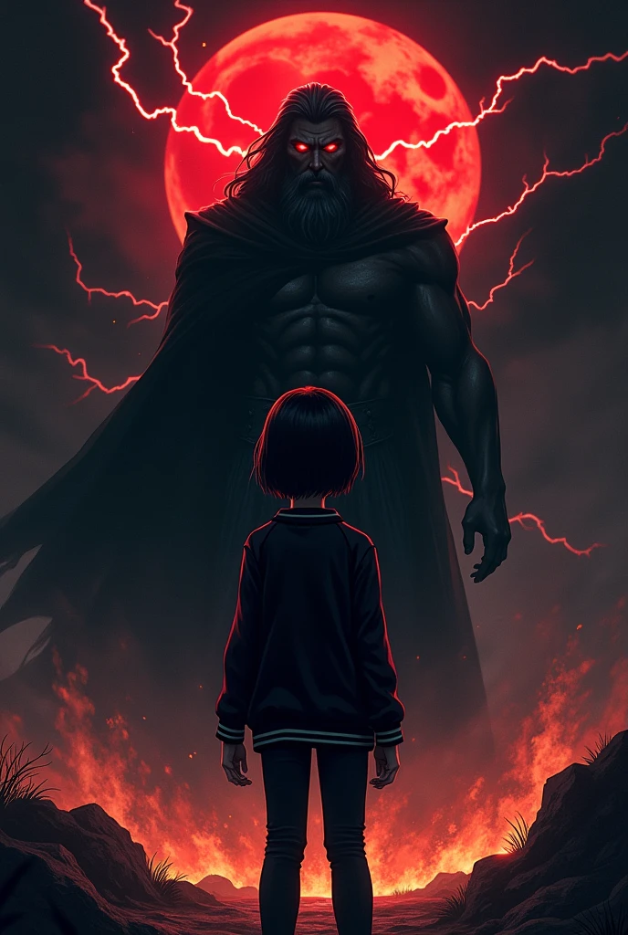 I want a mysterious picture. My book is on an ancient greek civilisation. Black colour theme. Zeus should be standing behind the girl. She has dark hair and a tomboy. I want a dark zeus standing behind her. Also only her back is visible. She ll be surrounded by thunder and lightning and also fire. No frocks or dresses. A jeans and shirt. Also dark zeus. Only surrounded by fire and lightning. And no anime. Realistic picture. A dark one. Zeus should not be visible a lot. Like people shouldnt know its zeus. So just a darkenned zeus. I dont want people to know its him. Um why dont we put a cloak on top of him. Make him more darker. A dark version. I dont want him to be white at all. Darker. I also want bit of blood moon. I want zeus larger. And throwing thunderbolts at the girl. Make zeus extra black. His eyes will bw glowing red. Make the whole background to pitch black. Only light is from fire the blood moon and lightning. Make it look realistic and cool. Not like a kids. Pure adult. No moutains or anything. Complete pitch black. Complete road has to be black. Put some clothes on zeus. The girl has short hair btw. Darker. Dark blood red moon. Cover zeus's face with a cloth. Make the girl short. She s 14 and will wear a varsity jacket. Make it black. Make zeus as a fading background. Totally black colour completely covered by a cloth. Zeuss eyes will be bloody red. Remove the plants. And shes wearing pants. Zeus is angry.