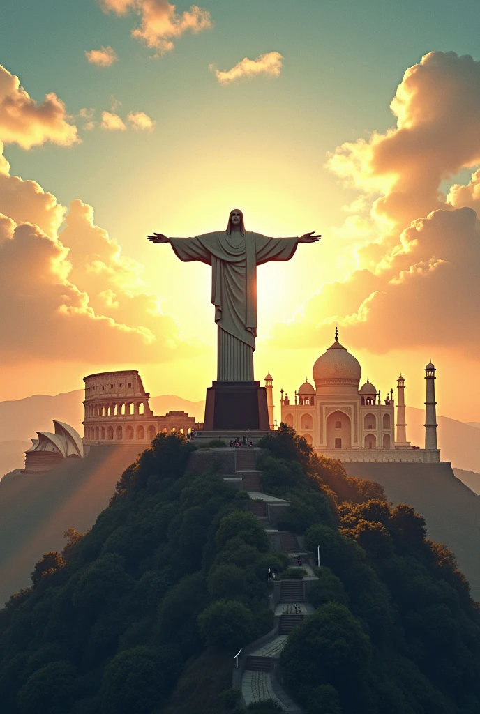 I need a horizontal image of a landscape that encompasses Christ the Redeemer in the middle as the center, the coliseum, The Taj Mahal, the pyramids of egypt and the sydney opera house around