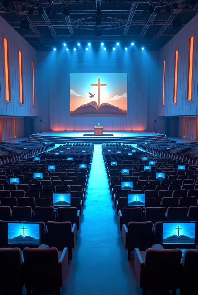 A very huge and wide rectangualar meeting hall, with many rows and Columns of chairs devided with 3 walk ways,blue and white light in the building,ceiling with many spot lights, A wide Huge tectangual stage at a far end, background of the stage "a full screen shoing A light shining out from a bible cross on the top of the bible and a dove on the top of the cross", Tv screen on the ceiling infron of every rows