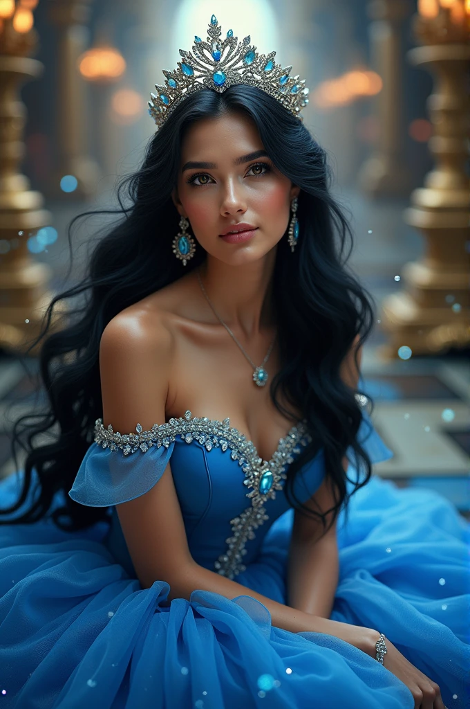 A beautiful woman with a long black hair wearing a princess blue gown
On her head is a tiara with many diamonds and gem. Her shoes is a glass shoes slipper with a sparkling diamond in front of her shoes.