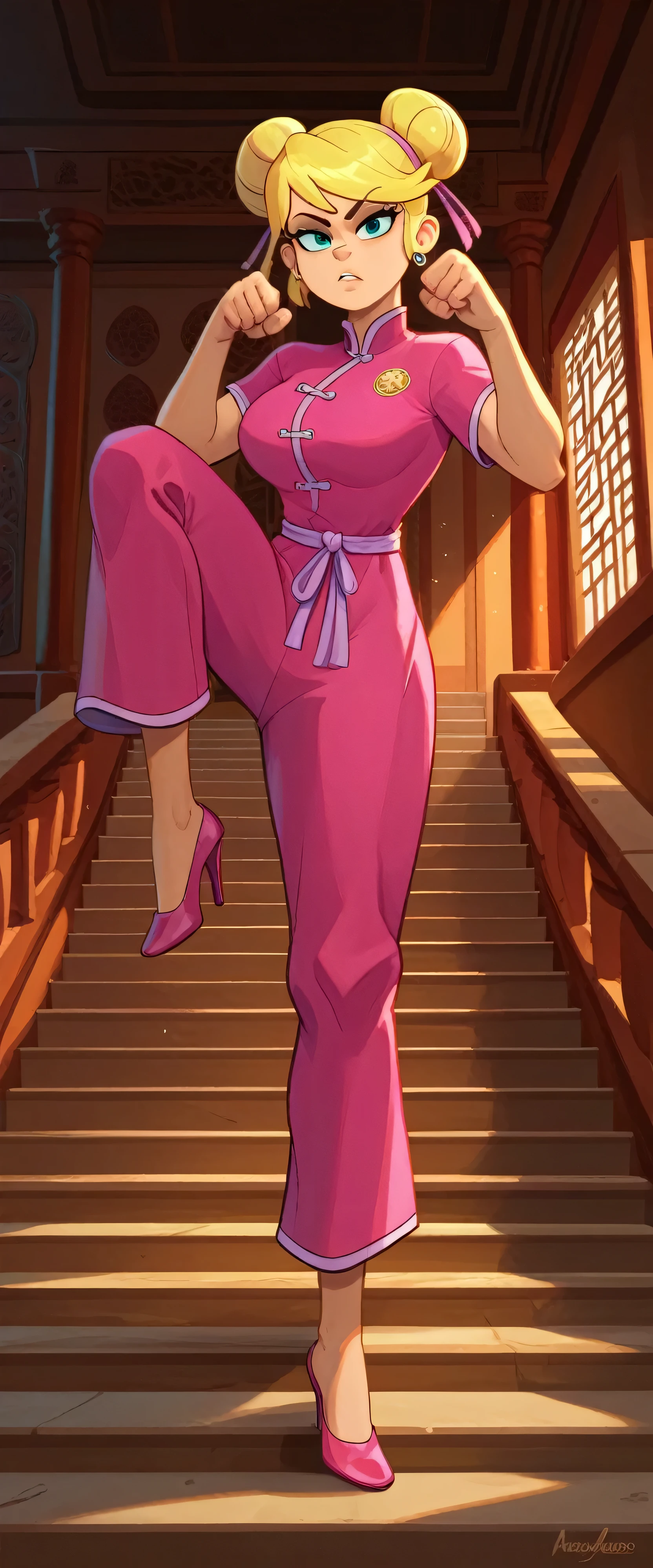 lola loud, 1girl, solo, 24yo girl, large breasts, pink cheongsam,  inside of a chinese temple, looking at viewer, blonde hair, two hair buns , hands  score_9, score_8_up, score_7_up, high heels, teep fighting stance,martial arts, stairs behind her, guarding the stairs