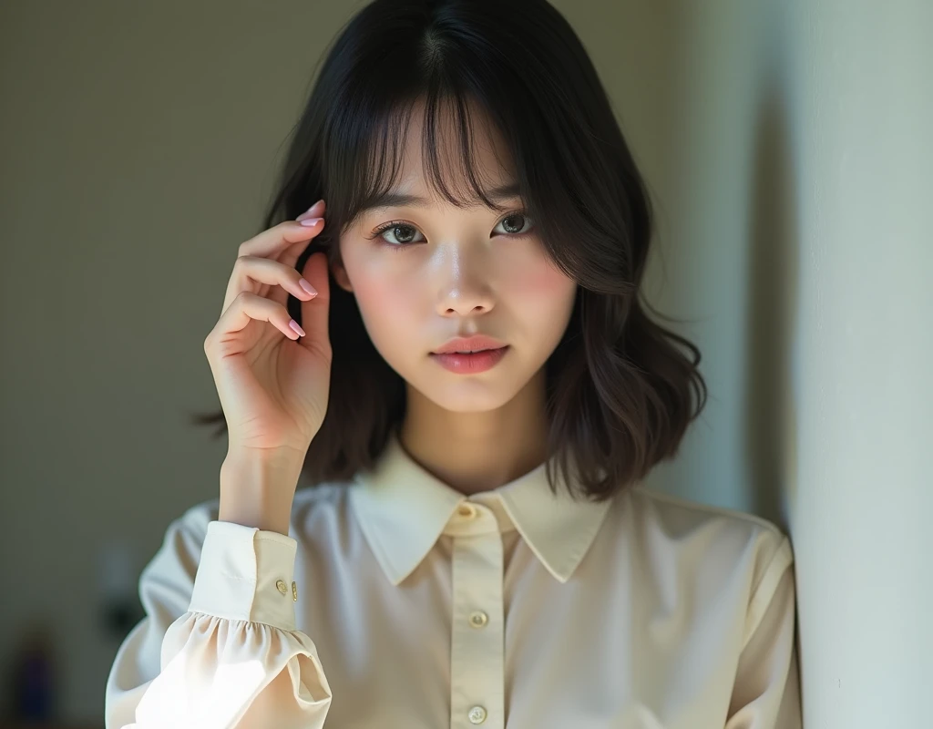 PeplumTshirt、Her hair is styled with her bangs down.、Upper body photo、Short shortcuts、natural、Japanese、female、Natural light、Highest quality、Realistic skin texture、Raising the right hand、2、Slit eyes、