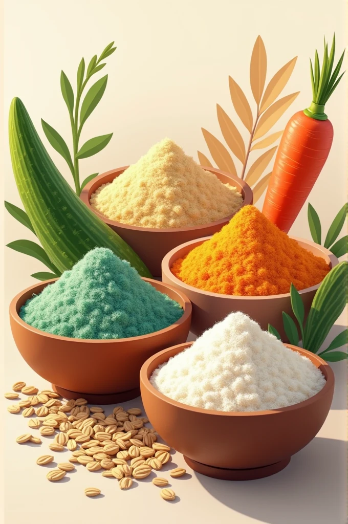 A cover showing flours in bowls of cactus, carrot, oat seed, and cucumber