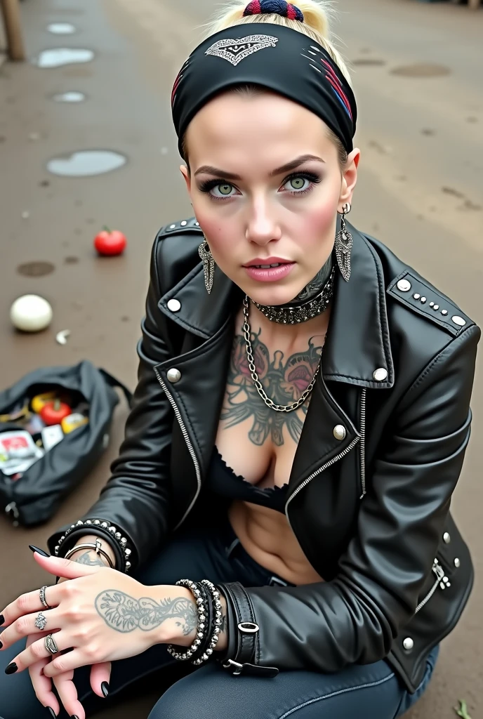 Anglosaxon old milf woman, , blonde platinum hair (ponytail, colourful bandana as headband), with very light green eyes, extremely pale. .Wearing studded cropped black moto jacket (verical zippers on the sides,skull badges on sleeves). Black lace push up bra, skinny dark blue jeans with worn and dirty knees.m Silver Chelsea boots with cuban heels. Lots of thick wide studded bracelets, chain collars and big rings. Tacky wide studded leather belt, with big skull and bones round buckle. Long earrings with chains. Squatting on a large torm, dirty usa flag, looking at the photographer. Craving heavily. Hands on knees. Waste and trash all over the floor. Her studded leather bag, thron away. Looking at the camera, chin up. Toned abdominals, thin neck, slim legs and thin arms. Neck, chest, belly, hands and arms completely tattoed. Dirt road of Nairobi after the rain, puddles on the ground, crowded with muscular shirtless men in jeans, street full of puddles, discarded food, fruits and garbage. Her studded black leather bag is a few metres behind her, her belongings scattered on the ground