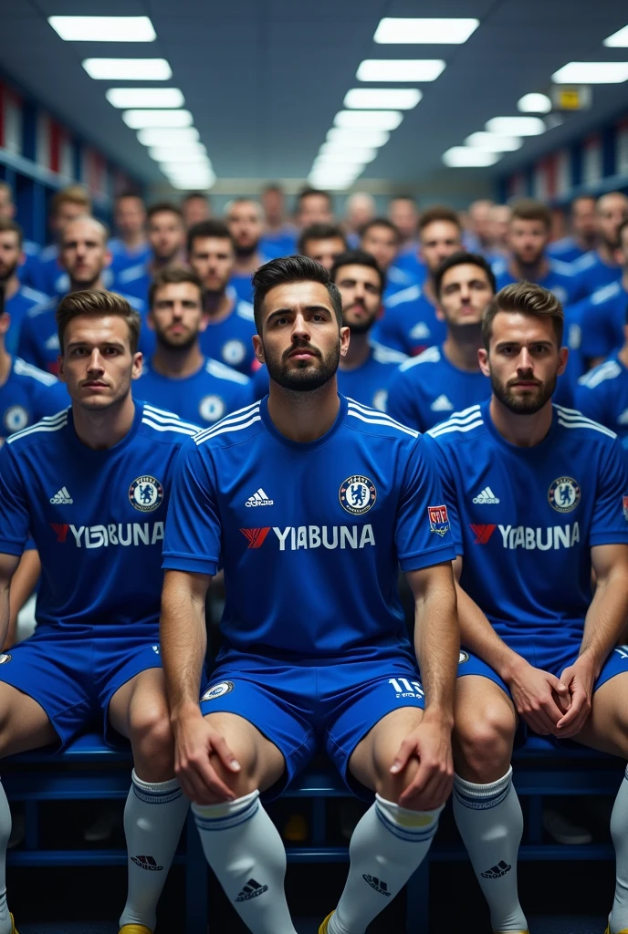 generat HD picture of 500 players wearing chelsea football club jerseys sitting and standing in the dressing of chelsea football club