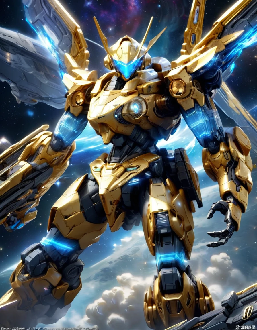 (masterpiece), (Highest quality), (The finest details), (Sea of stars)、sf、Fantasy、Machine、Space Battle、Space Trooper、(Light blue base、Clock internal mechanism ideas、gear、Energy Stone、Golden Institutional Department、Launcher on vernier、High Frequency Blade、Plasma Wave Cannon)、Dynamic Angle、