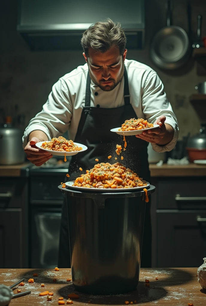Cook with indifferent mood throwing away food in the trash