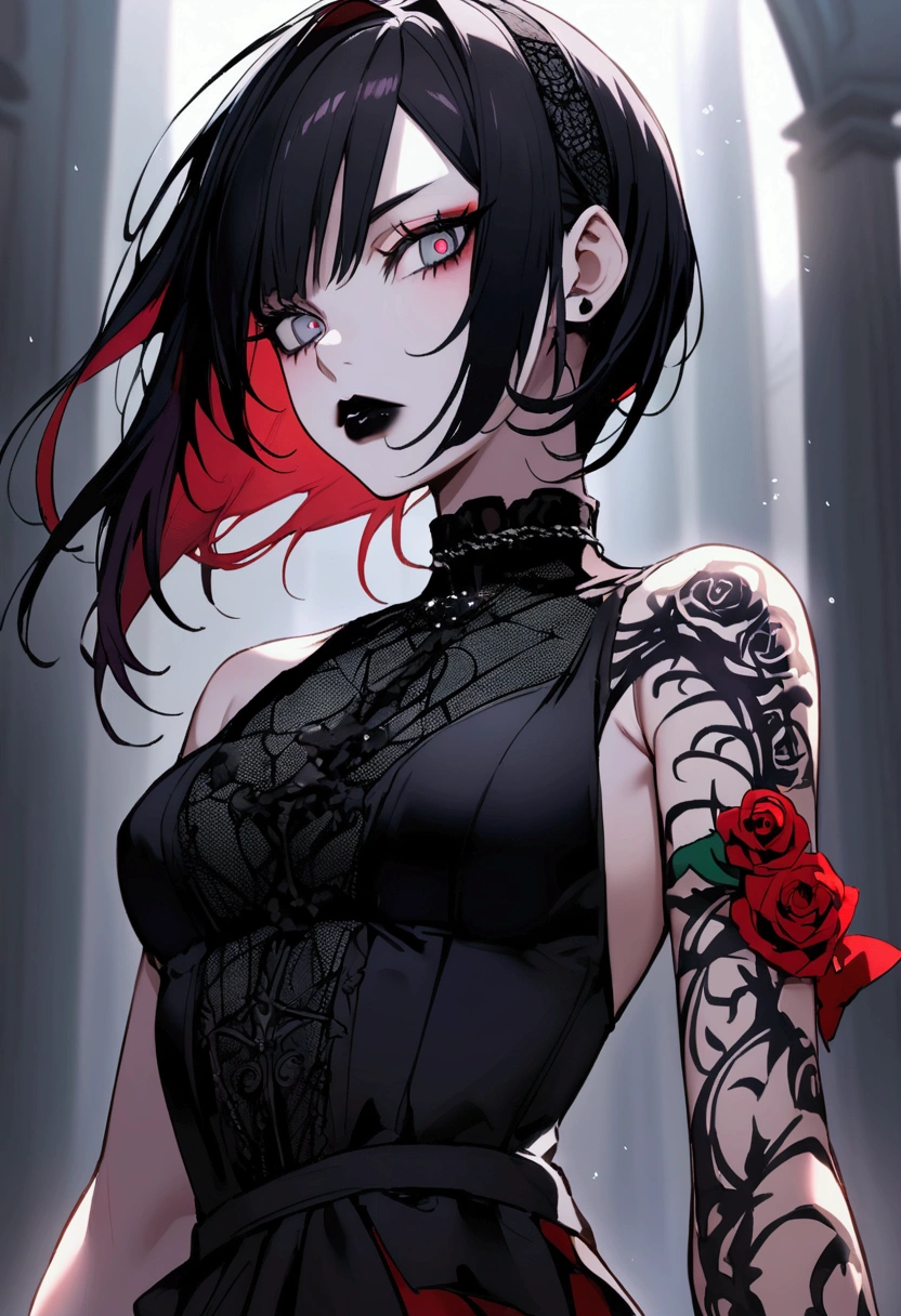 black haired gothic woman with red highlights, silver eyes and black lipstick with rose tattoo on arms
