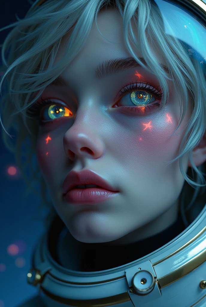 (Close-up of a better masterpiece:1.5)0.9], (Space and astronauts:1.2) (Messy silver hair:1.1) (Heterochromia xanthochromia and blue eyes:1.2) (Space Helmet:1.0) (Colored stars in the eyes:1.0) (A radiant glow:1.1) (thick lips:0.9)