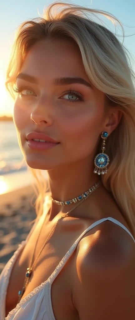 SHE HAS EVERYTHING THAT MAKES A WOMAN SEXY, closeup on face, SHE HAS A ROUND FACE AND BLONDE HAIR, THE SEXIEST OF ALL WOMEN, PERFECT FEATURES, EVERY DETAIL OF HER FASCINATES THOSE WHO SEE HER, the tip of your nose is as flushed as your cheek, She has a wide mouth with full lips that are covered in pink glossy lipstick, she is happy and has a beautiful smile, she lightly bites her lower lip, his cyan eyes look to the horizon, she wears makeup and long eyelashes, your nose is long thin UPTUCKED, his closed eyes are looking at the horizon, I can clearly see every detail of your perfection, light brown hair like her cyan eyes, (((the light reflects in your eyes accentuating every detail WITH LENSFLARE EFFECT))), (((the sunlight illuminates your entire face, front lighting))), your eyebrow is well done and defined, She wears a sapphire bracelet, earrings and necklace that shine WITH LENSFLARE EFFECT, your collarbone is well defined, your neck is thin, she looks like she's only 18 and looks quite young, hair in the wind, holding hair, YOUR NAILS ARE PAINTED, It's a beautiful day at the beach and she's looking out to sea on a beautiful pier leaning against the railing, It's a beautiful sunset with a clear blue sky, Golden hour, the color of the environment blends with its beauty, SHE HAS FAIR, TAN SKIN WITH A TAN MARK,