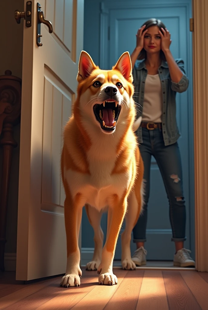 A dog barking very anxiously when receiving visitors at home. His female guardian with both hands on her head.