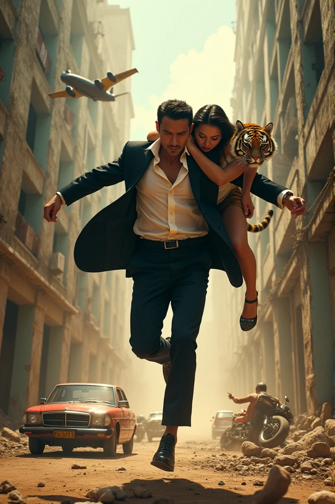 poster film action,Portrait of an 1 Asian man wearing a mafia uniform jumping while carrying a woman and a tiger cub ,in a ruined building,api,car,motor,aircraft,real best quality