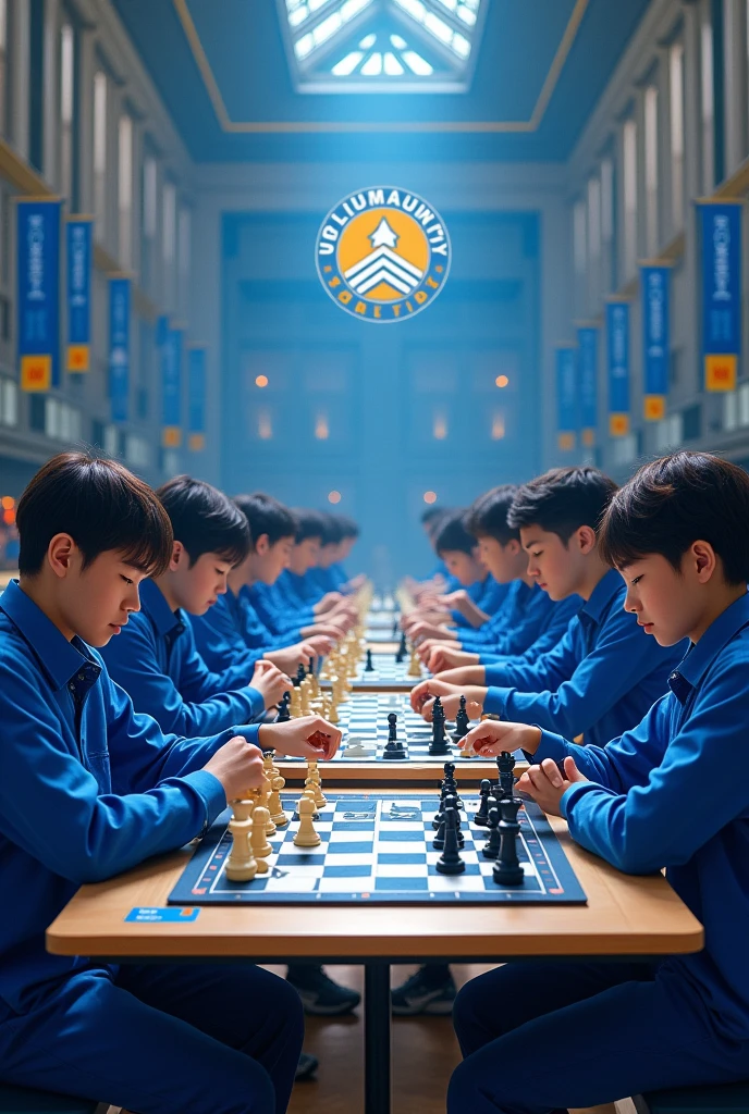 College men and women in a chess competition, with cerulean clothing and UPAL logo