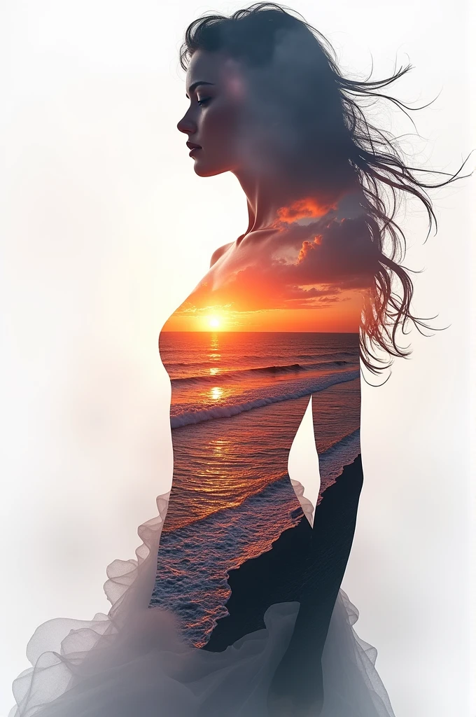 high quality, 8K Ultra HD, A beautiful double exposure that combines an goddess silhouette with sunset coast, sunset coast should serve as the underlying backdrop, with its details incorporated into the goddess , crisp lines, The background is monochrome, sharp focus, double exposure, by yukisakura, awesome full color,