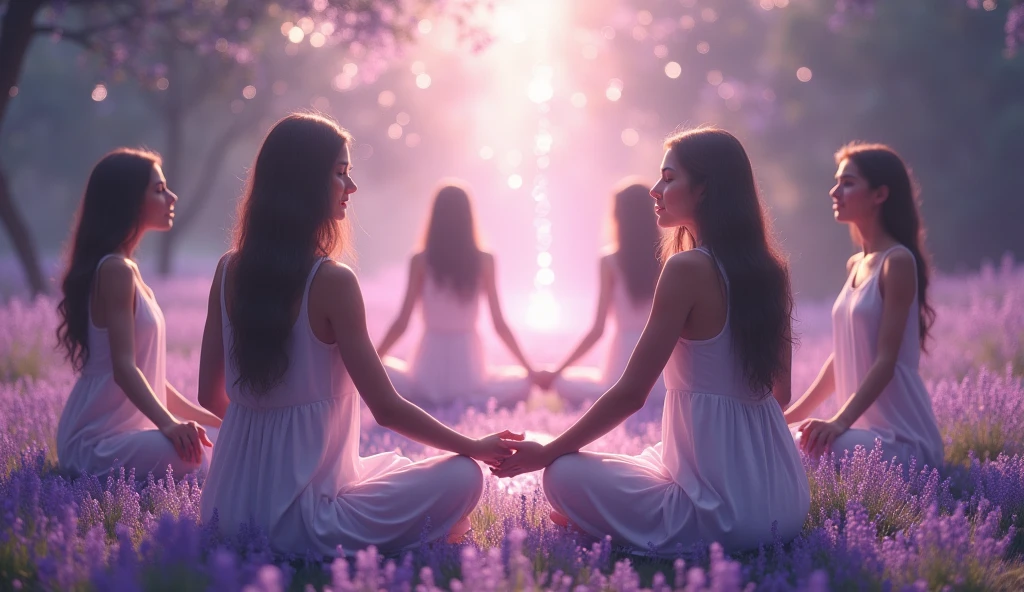 Women in circle holding hands, with a flow of light energy connecting them, representing the unity and collective power of group therapies and the expansion of consciousness, crystals in the background, lavender garden, convey depth