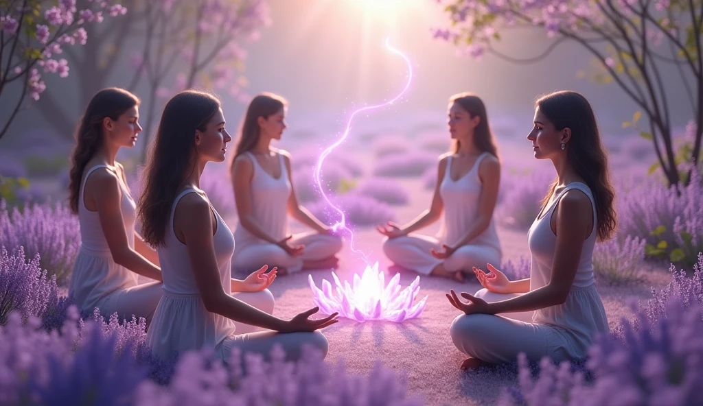 Women in circle holding hands, with a flow of light energy connecting them, representing the unity and collective power of group therapies and the expansion of consciousness, crystals in the background, lavender garden, convey depth